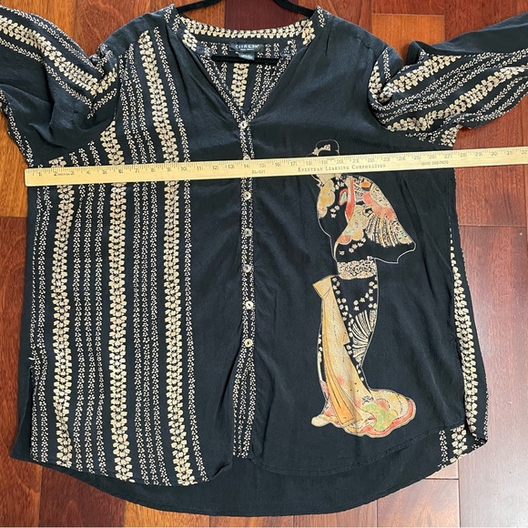 Citron 100% Silk Top Blouse Asian Geisha Japanese Hawaiian Artsy *see msrmts B35 - Picture 9 of 12